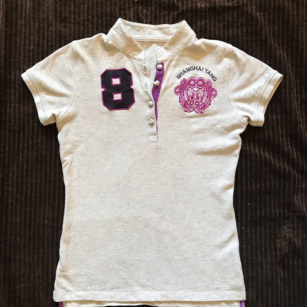 Shanghai Tang Women’s Polo top - Gray with Purple Embroidery details